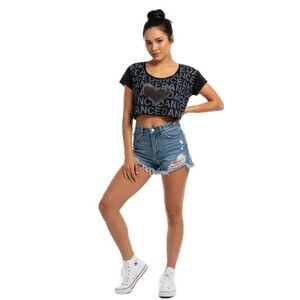 Funky Diva VTG 90s Boxy Dance Crop Top Rhinestone Heart Bling Women's XS Black